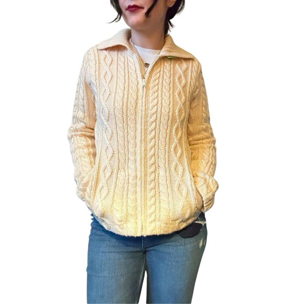 Jones New York Vintage 100% Merino Wool Cream Knit Zipper Sweater Size Small
